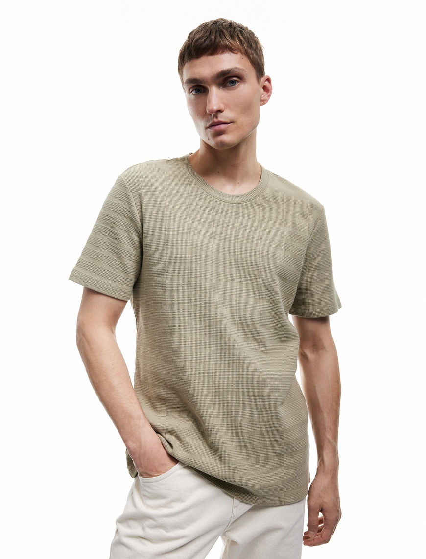   Bisiklet Yaka Dokulu Kısa Kollu Pamuklu Slim Fit Tişört