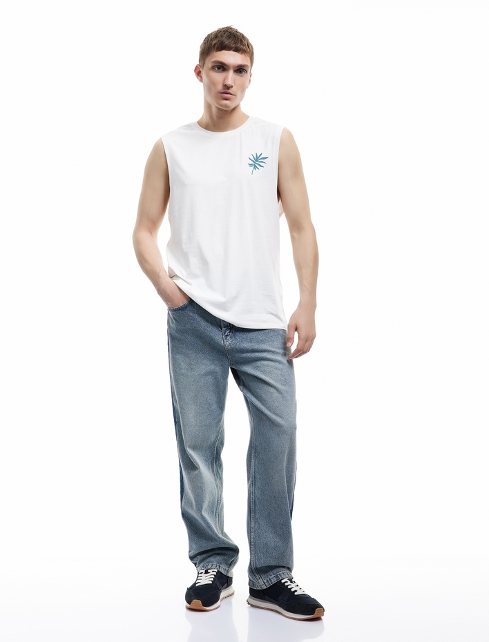  Bisiklet Yaka Pamuklu Arkası Baskılı Kolsuz Tişört