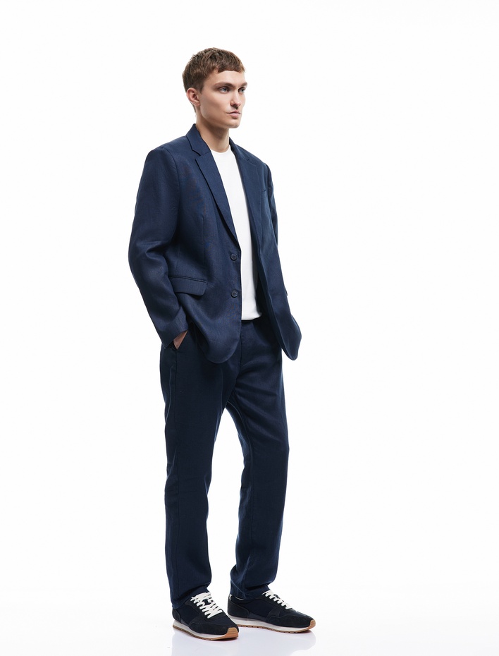  Düğmeli Kapaklı Cep Detaylı Mono Yaka Keten Blazer Ceket