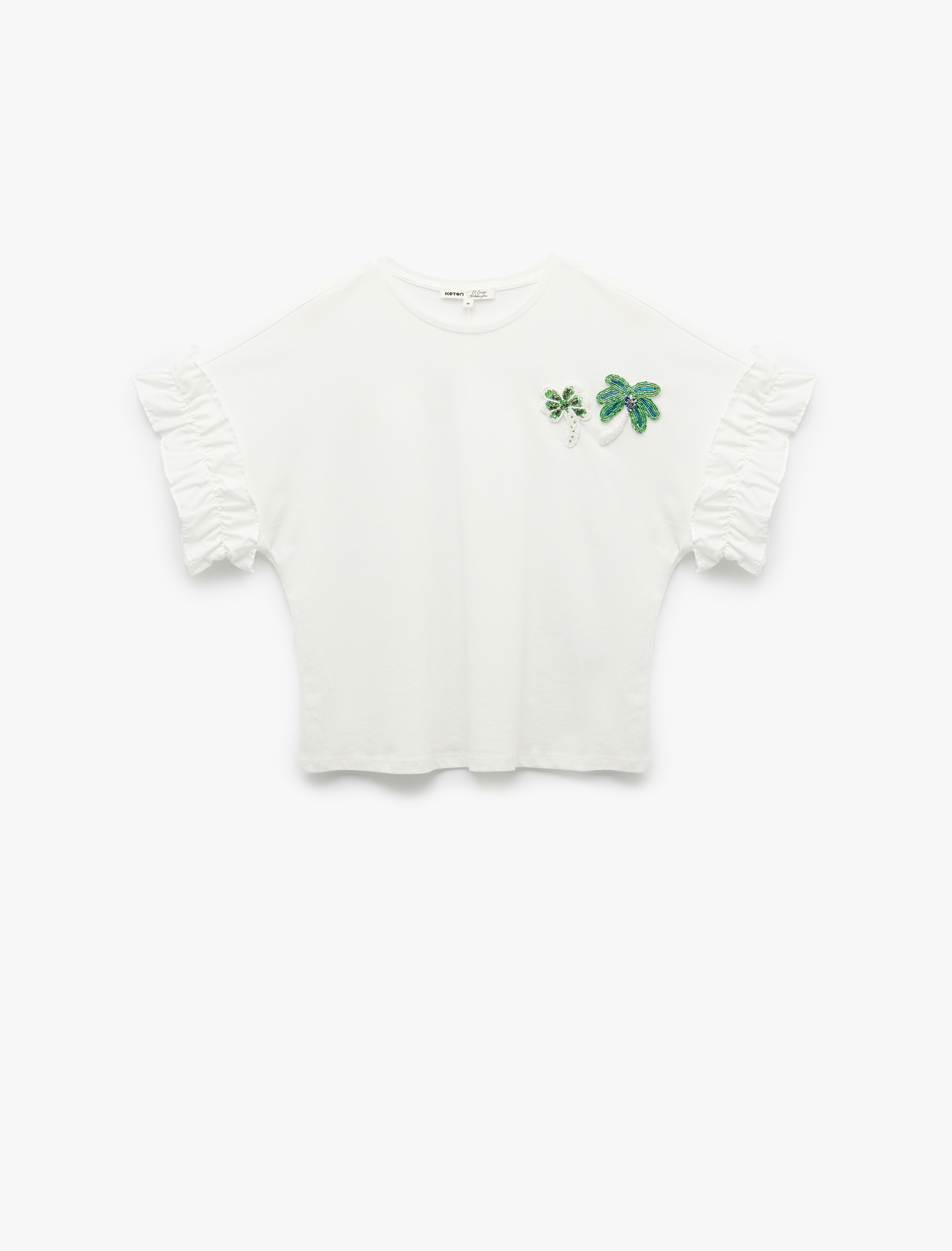   Pamuklu Boncuklu Palmiye Aplike Detaylı Bisiklet Yaka Kısa Kollu Fırfırlı Tişört