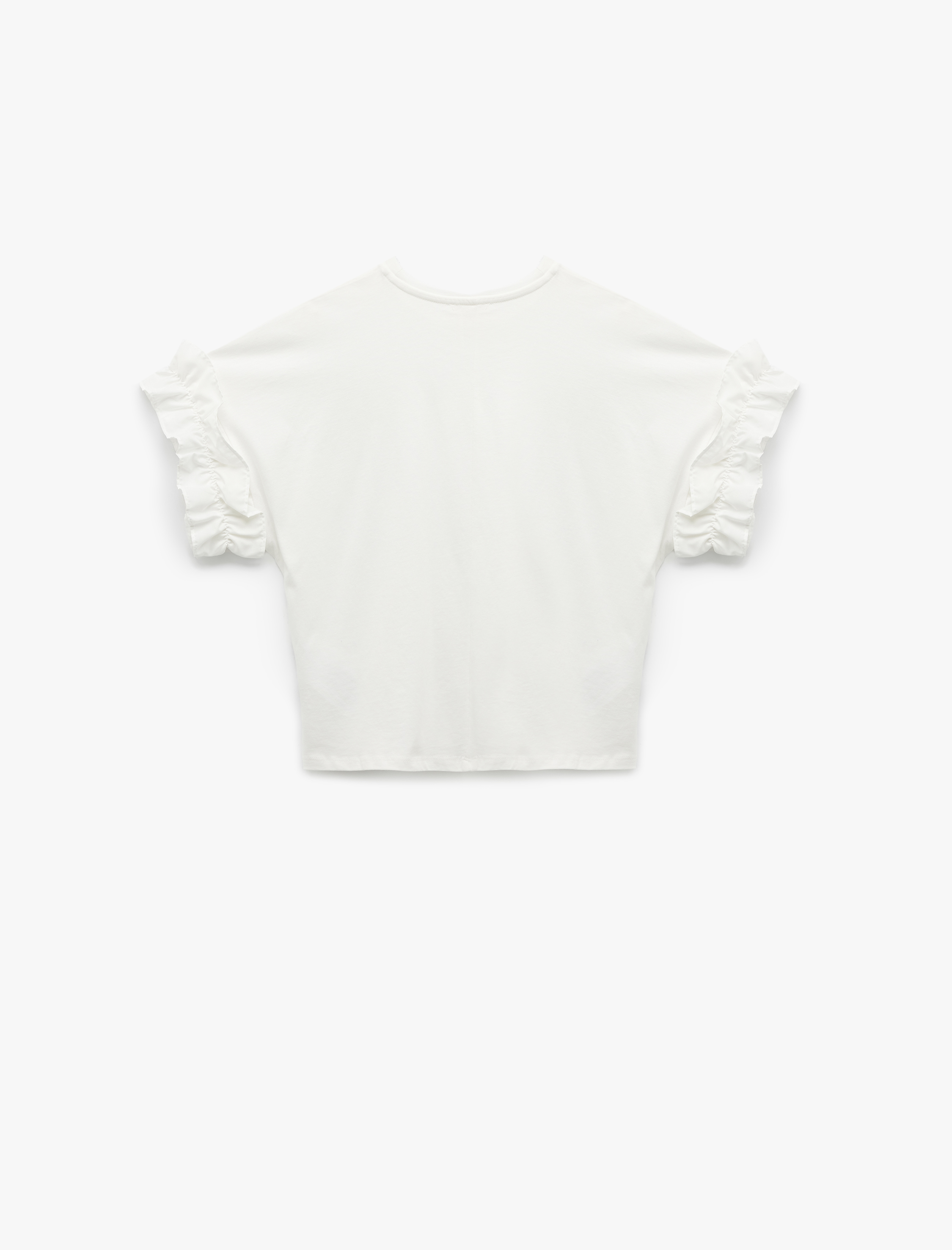   Pamuklu Boncuklu Palmiye Aplike Detaylı Bisiklet Yaka Kısa Kollu Fırfırlı Tişört