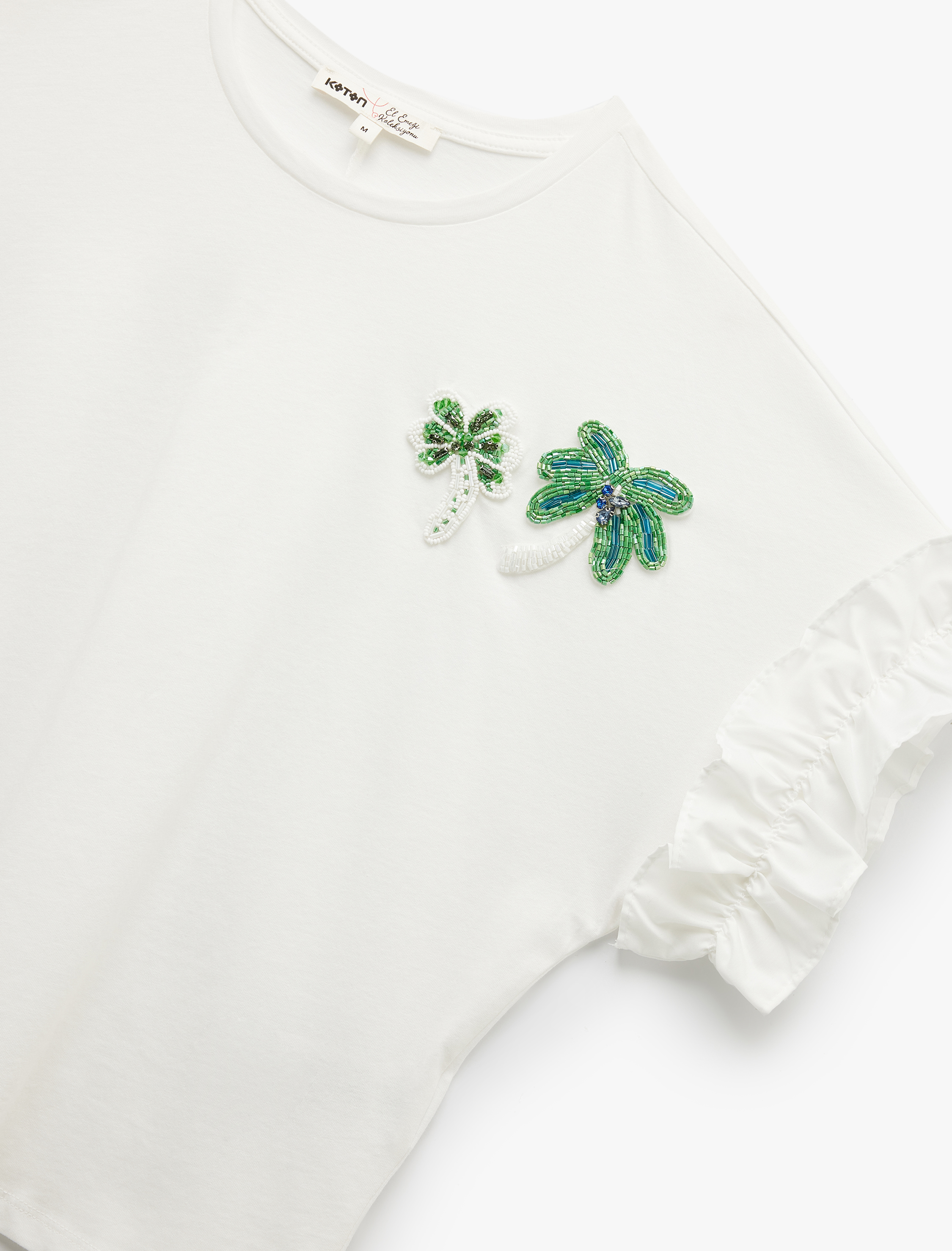   Pamuklu Boncuklu Palmiye Aplike Detaylı Bisiklet Yaka Kısa Kollu Fırfırlı Tişört