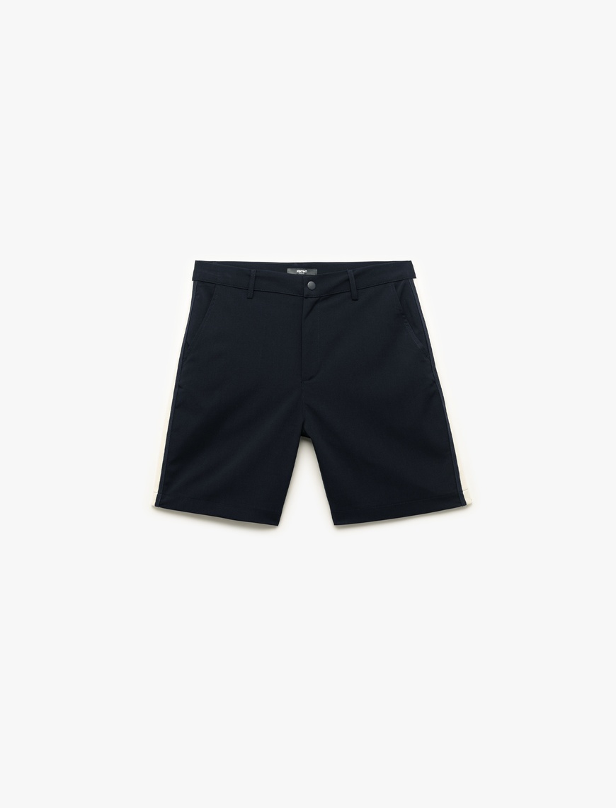   Düğmeli Oversize Şerit Detaylı Bermuda Chino Şort