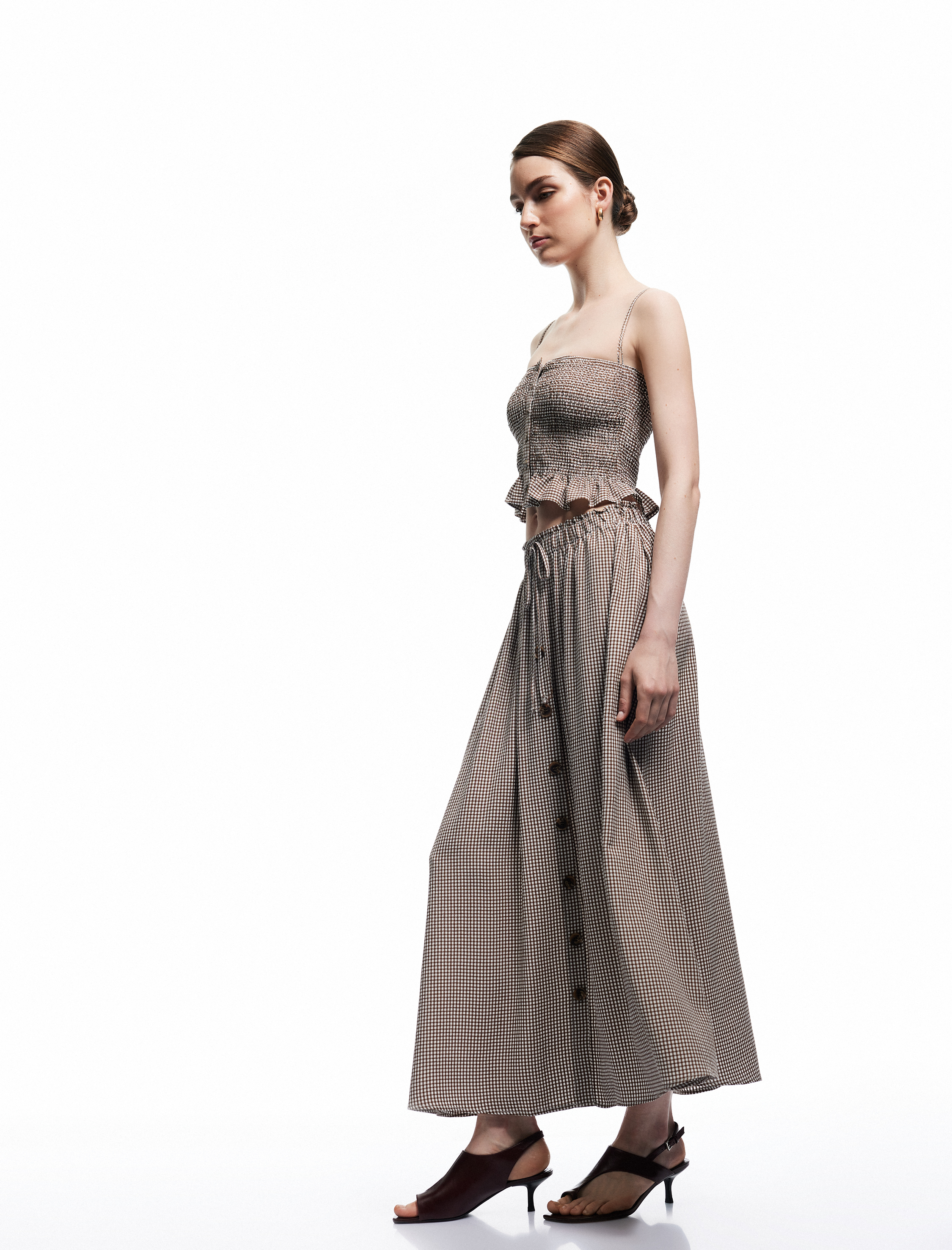   Koton X Melis Ağazat - Viskon Beli Lastikli Bağlamalı Düğmeli Pötikareli Midi Etek