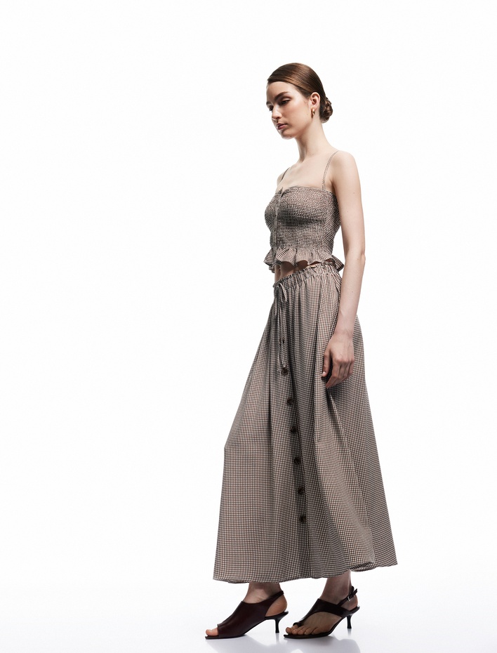  Koton X Melis Ağazat - Viskon Beli Lastikli Bağlamalı Düğmeli Pötikareli Midi Etek