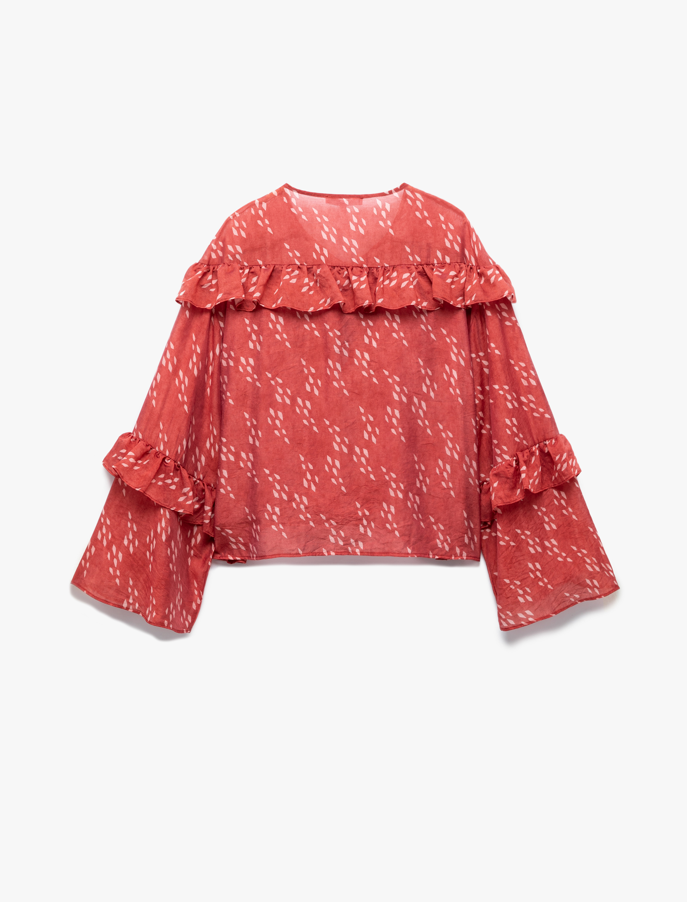   Koton X Melis Ağazat - Uzun Kollu Bağlama Yaka Detaylı Desenli Fırfırlı Bluz