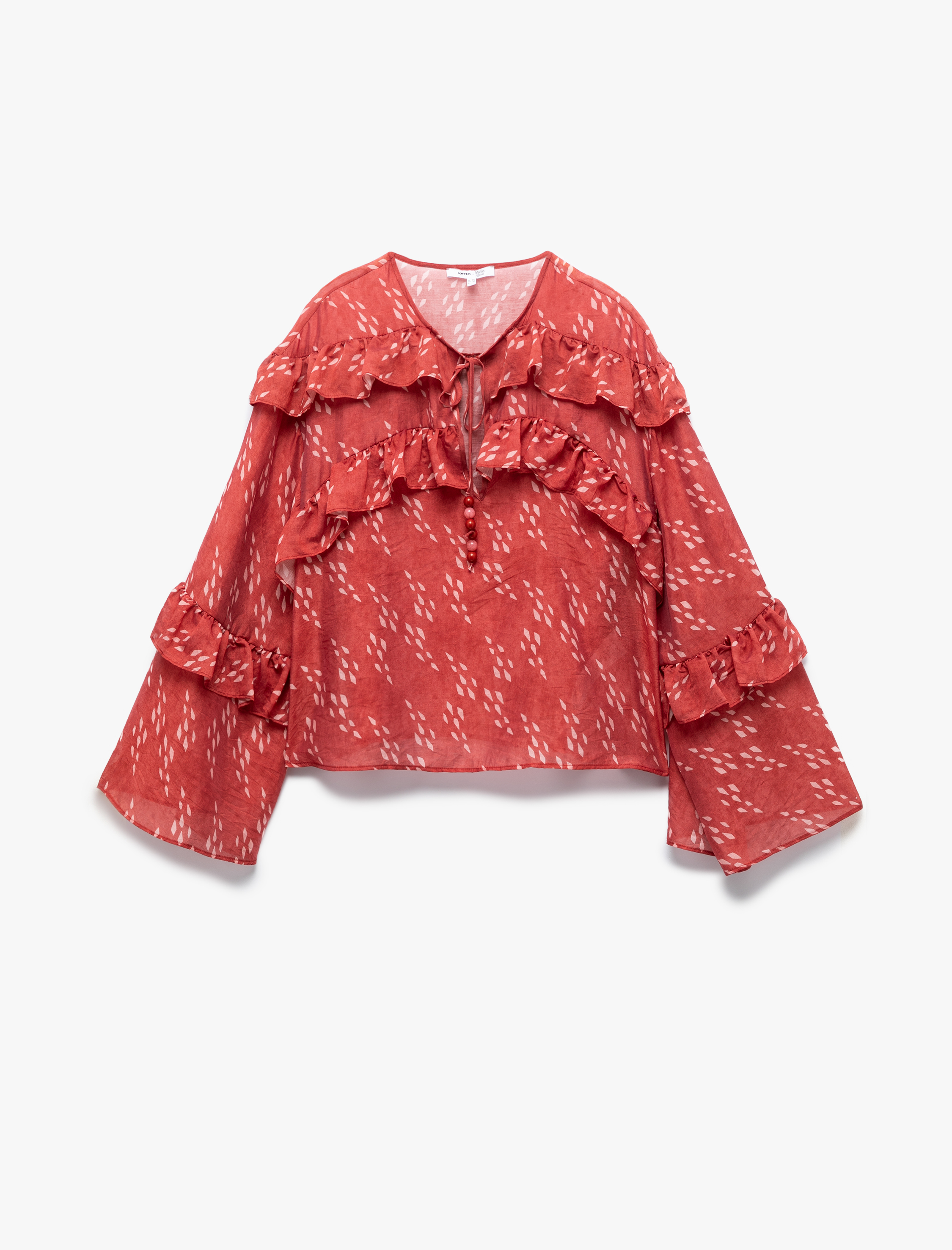   Koton X Melis Ağazat - Uzun Kollu Bağlama Yaka Detaylı Desenli Fırfırlı Bluz