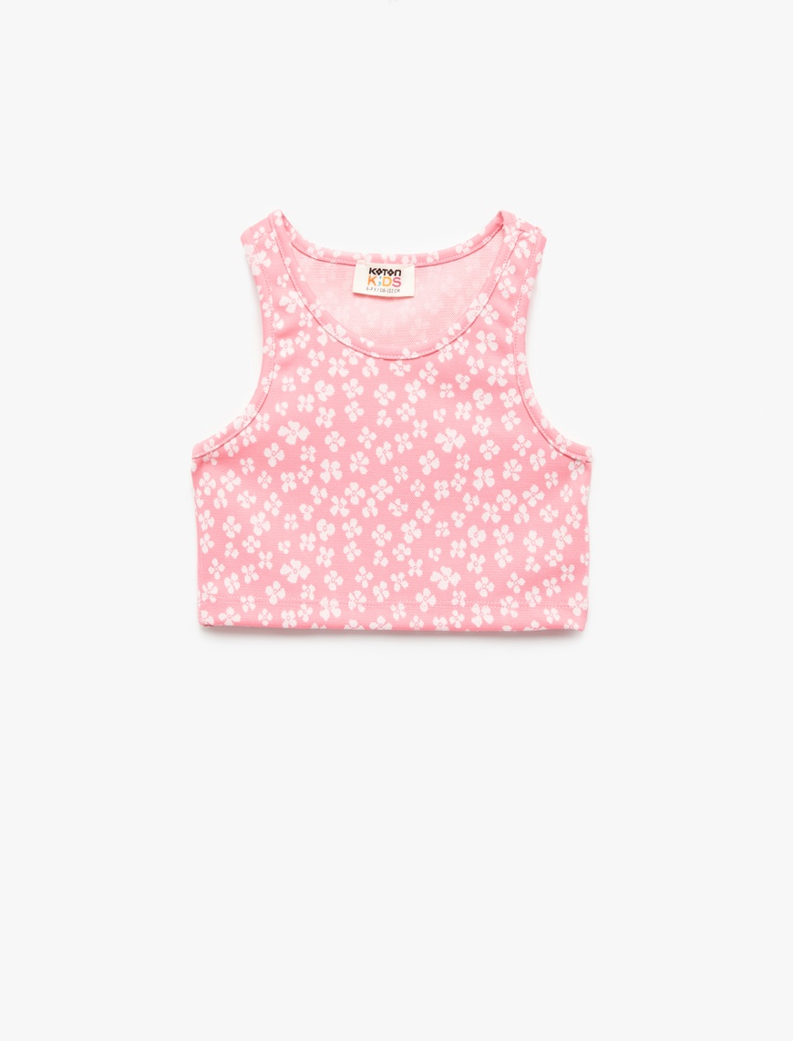  Kız Çocuk Bisiklet Yaka Kolsuz Çiçek Desenli Crop Atlet
