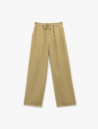 Beli Bağcıklı Cepli Keten Karışımlı Bol Paça Pantolon