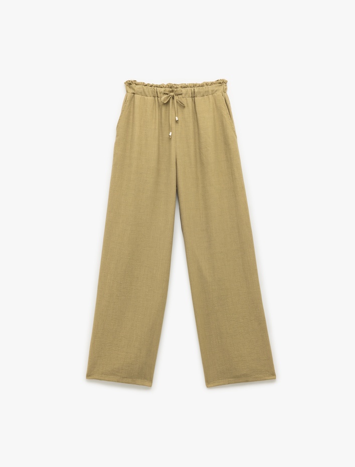  Beli Bağcıklı Cepli Keten Karışımlı Bol Paça Pantolon