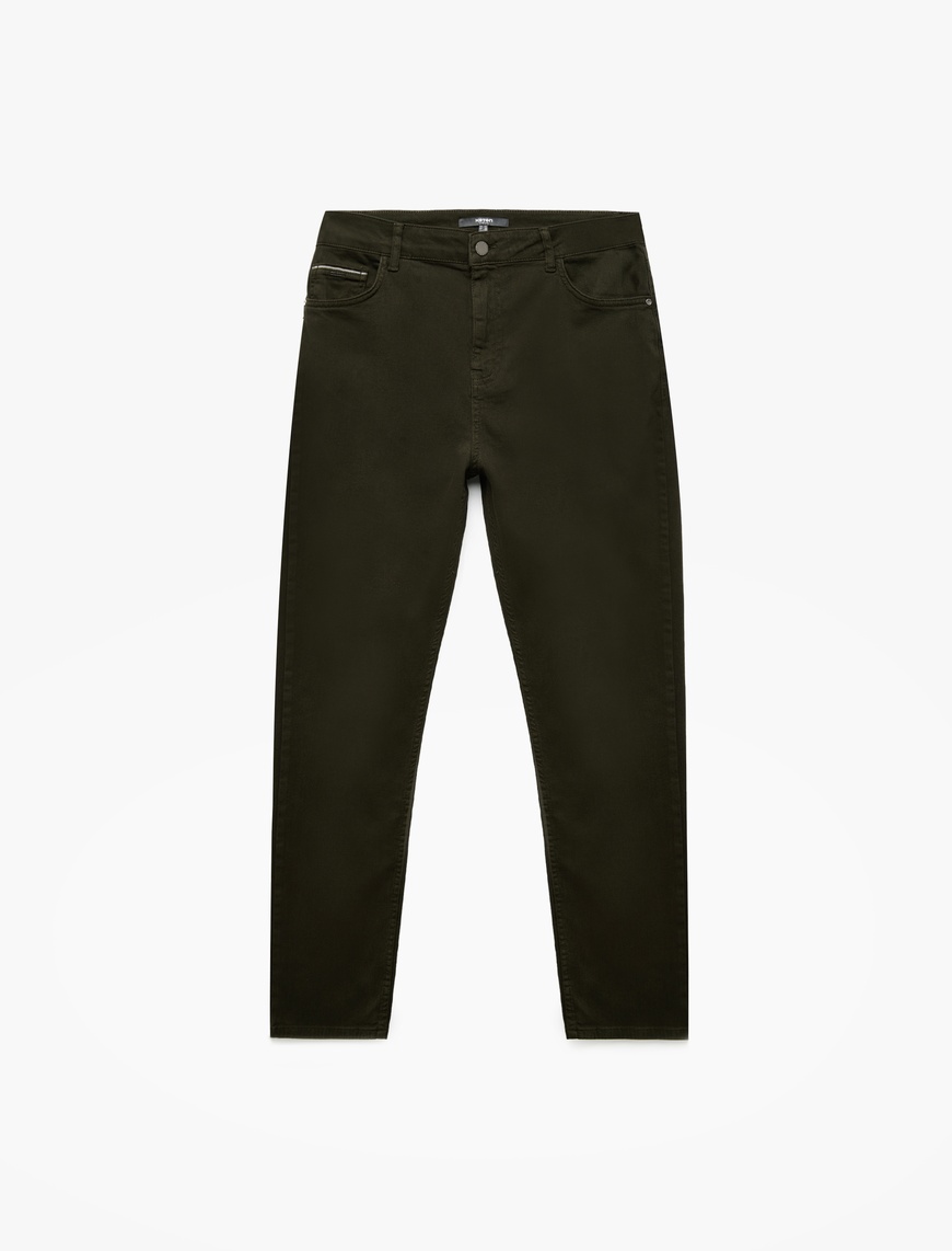   Normal Bel Düğmeli Pamuklu Cep Detaylı Gabardin Pantolon