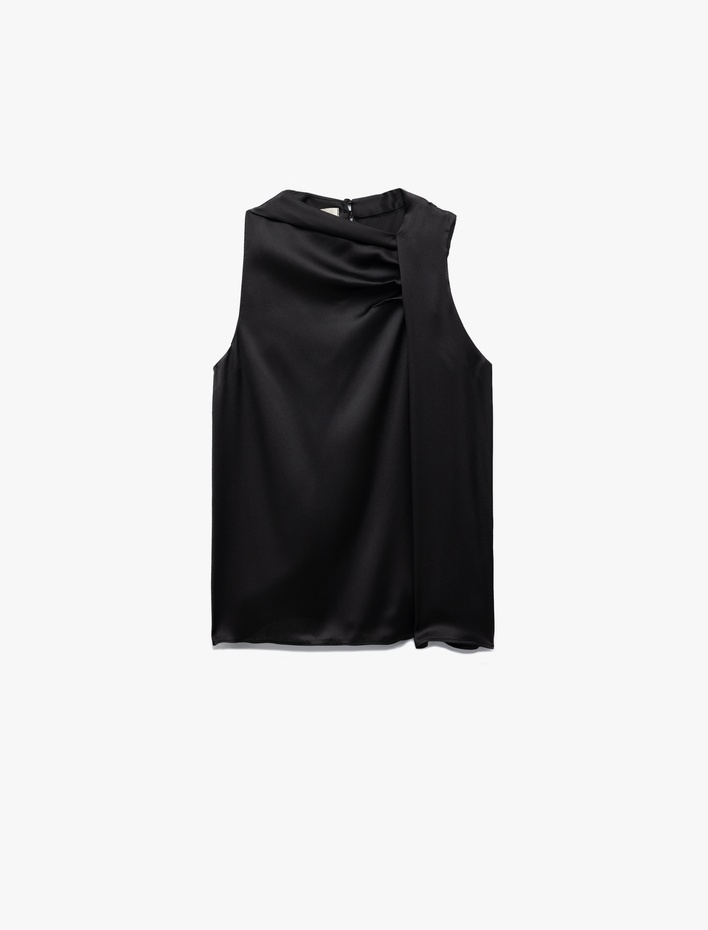  Bisiklet Yaka Drape Detaylı Kolsuz Saten Bluz