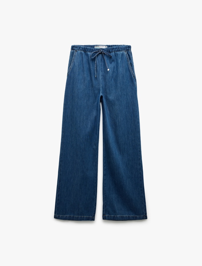  Beli Bağcıklı Pamuklu Düz Paça Cepli Jean Pantolon - Straight Jeans