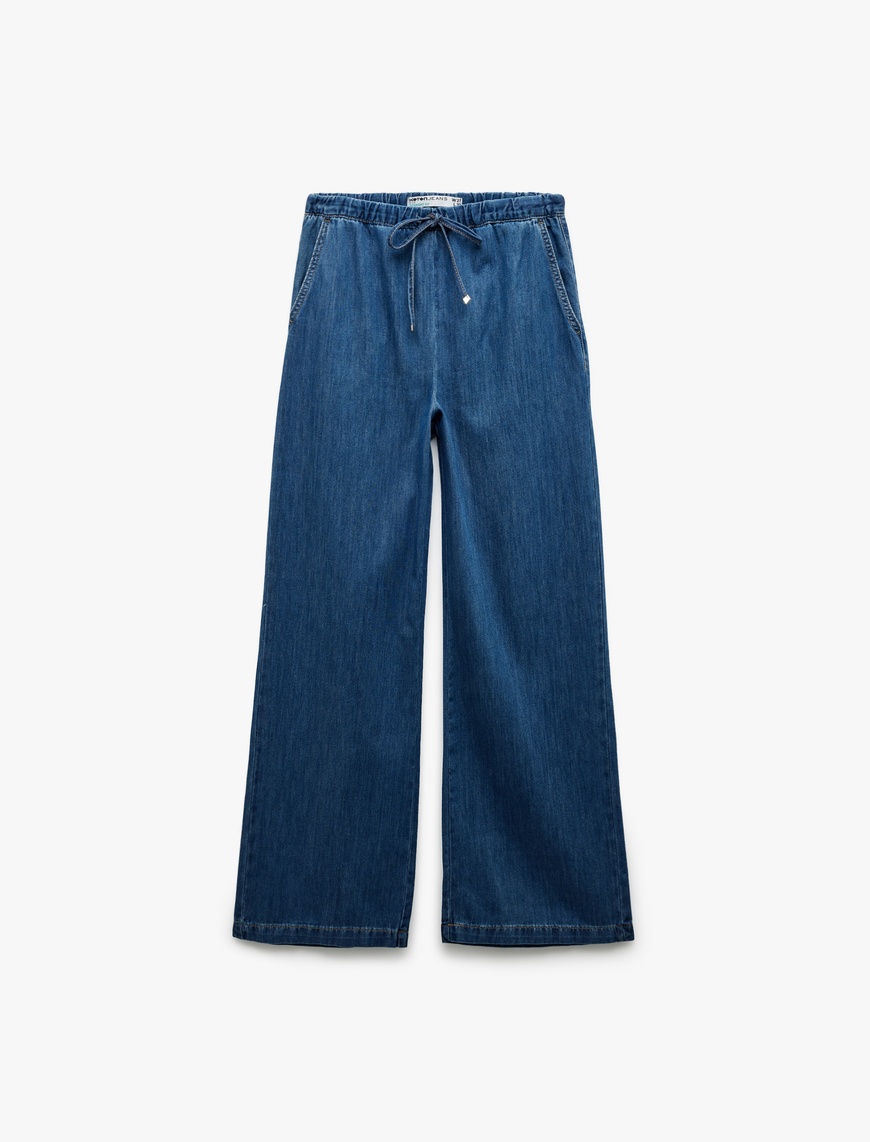   Beli Bağcıklı Pamuklu Düz Paça Cepli Jean Pantolon - Straight Jeans