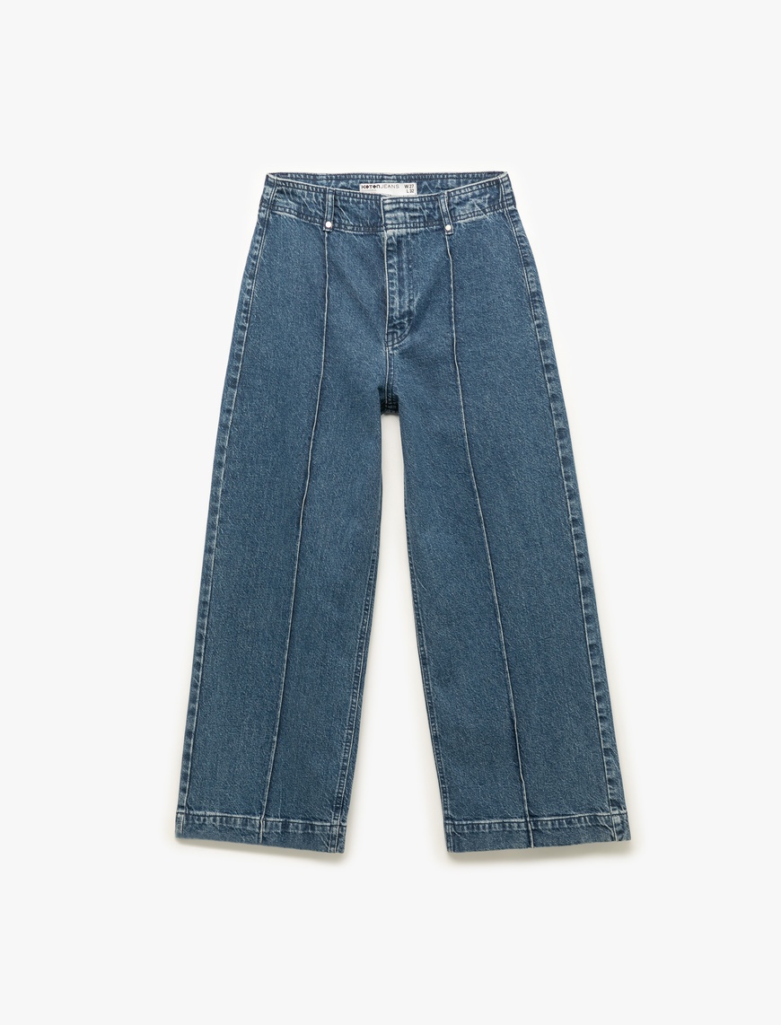   Yüksek Bel Geniş Paça Nervürlü Düğmeli Jean Pantolon - Culotte Jeans