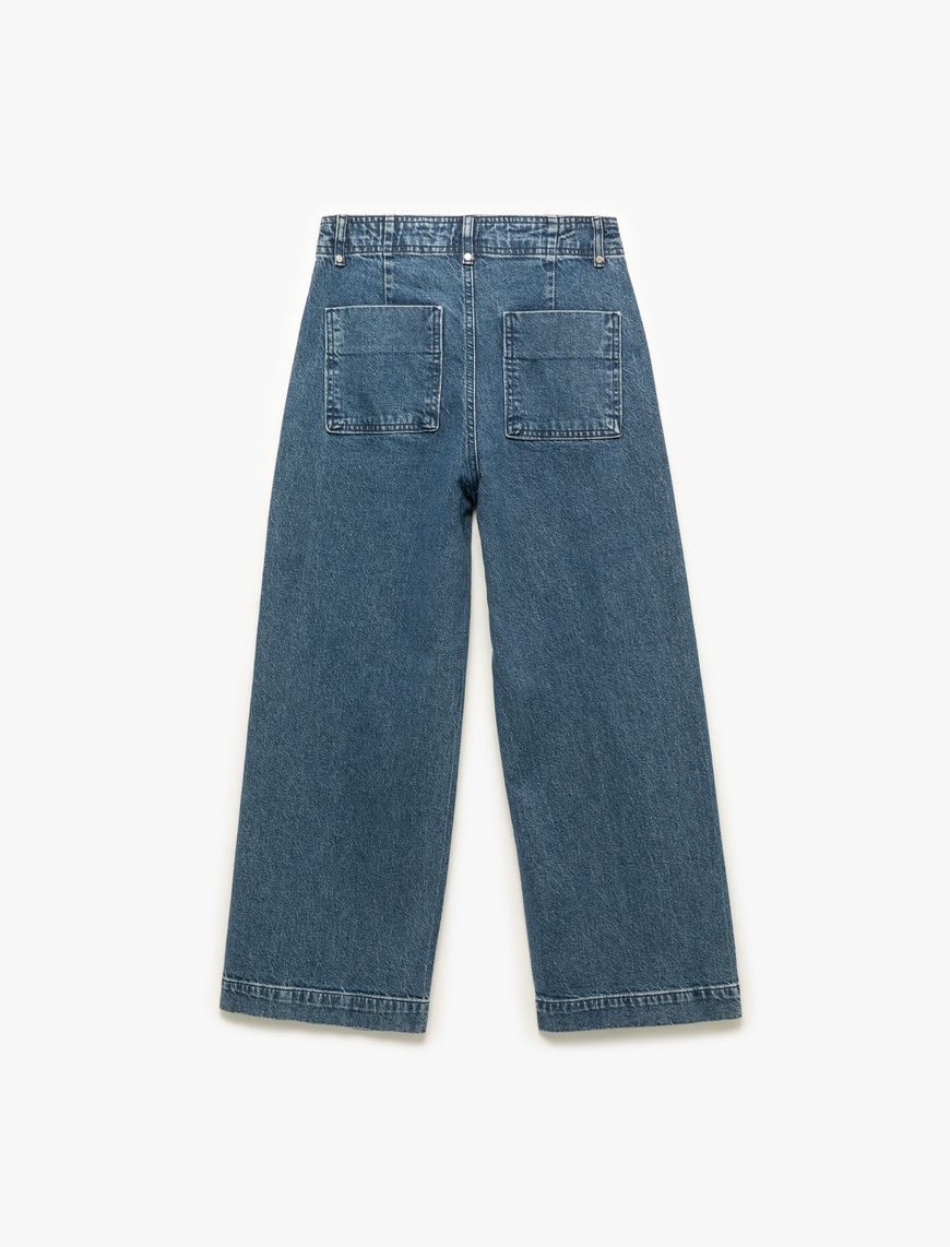   Yüksek Bel Geniş Paça Nervürlü Düğmeli Jean Pantolon - Culotte Jeans