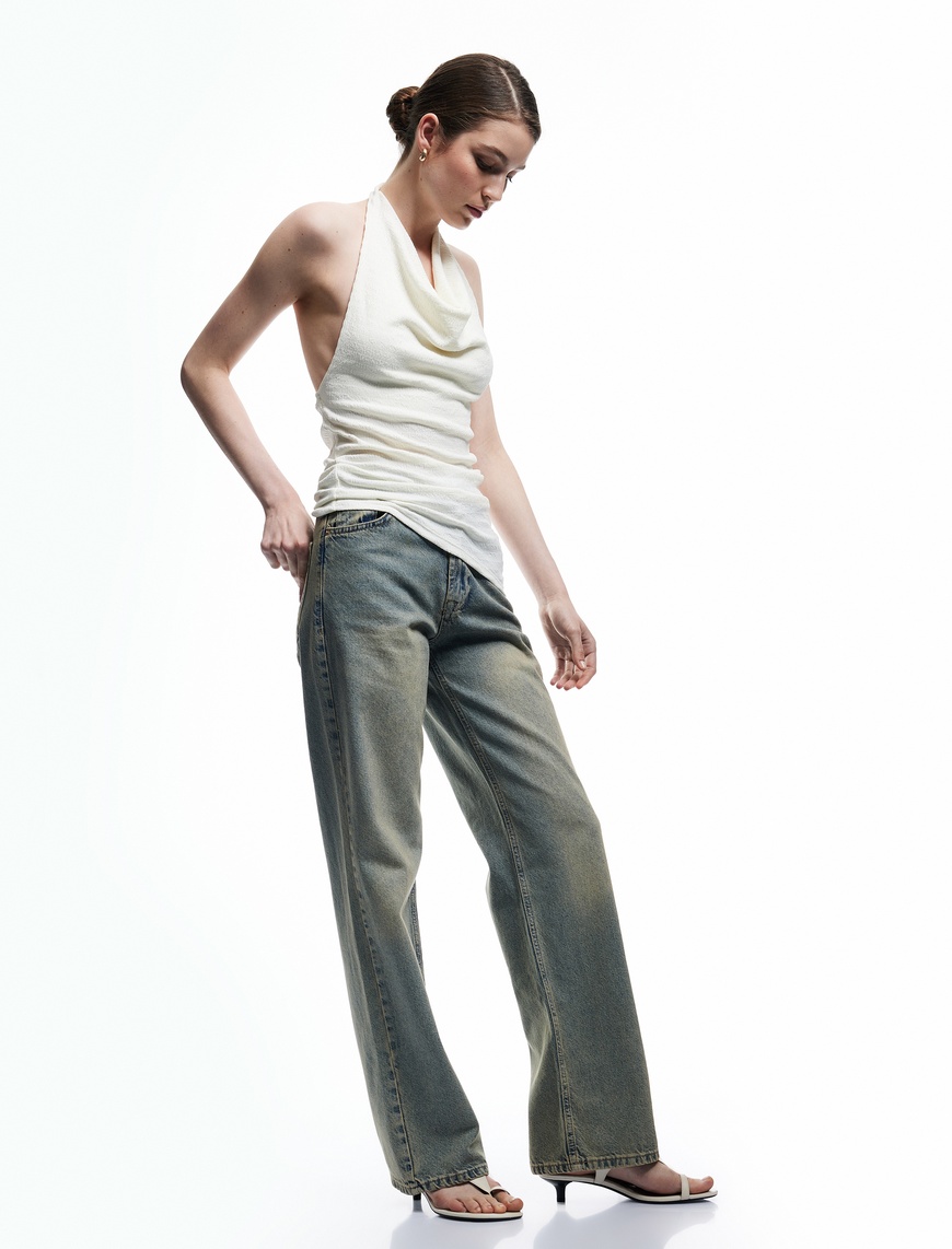   Düz Paça Normal Bel Düz Kesim Düğmeli Pamuklu Kot Pantolon - Straight Fit Jean