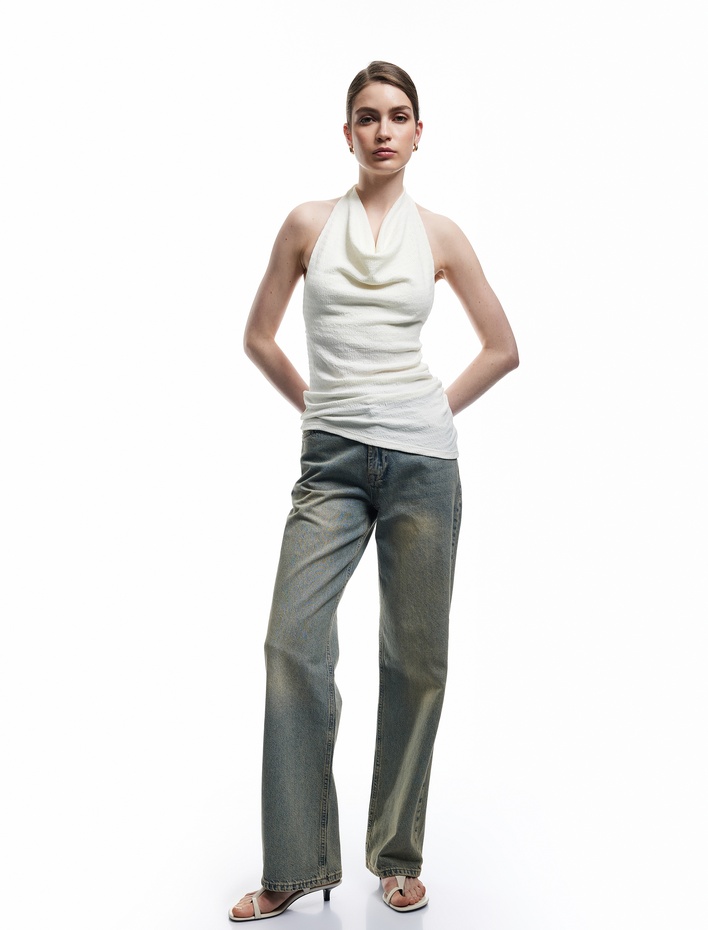  Düz Paça Normal Bel Düz Kesim Düğmeli Pamuklu Kot Pantolon - Straight Fit Jean