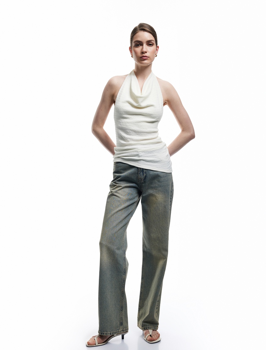   Düz Paça Normal Bel Düz Kesim Düğmeli Pamuklu Kot Pantolon - Straight Fit Jean