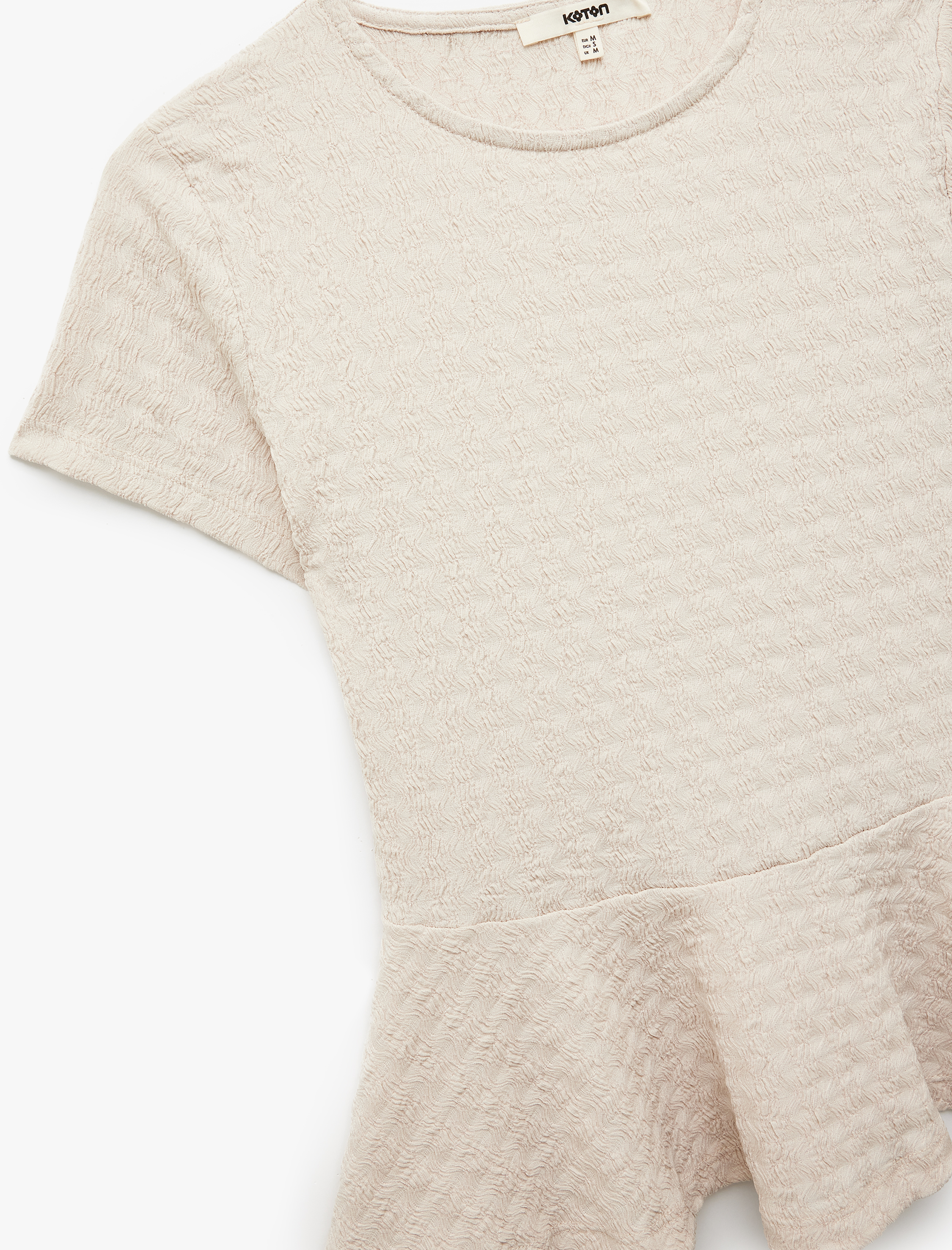   Bürümcük Kumaş Dokulu Kısa Kollu Bisiklet Yaka Peplum Tişört