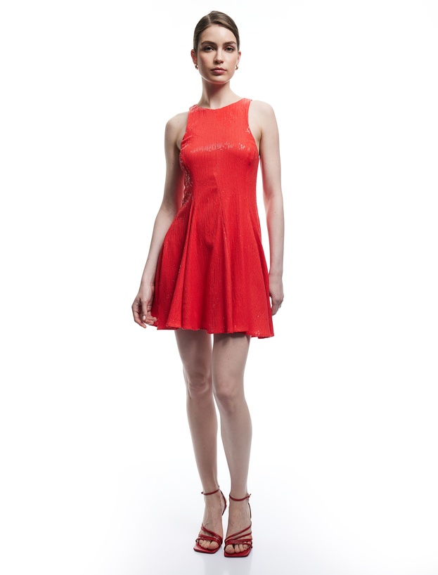 Slim Fit Astarlı Kolsuz Pullu Payetli Halter Yaka Mini Elbise_1