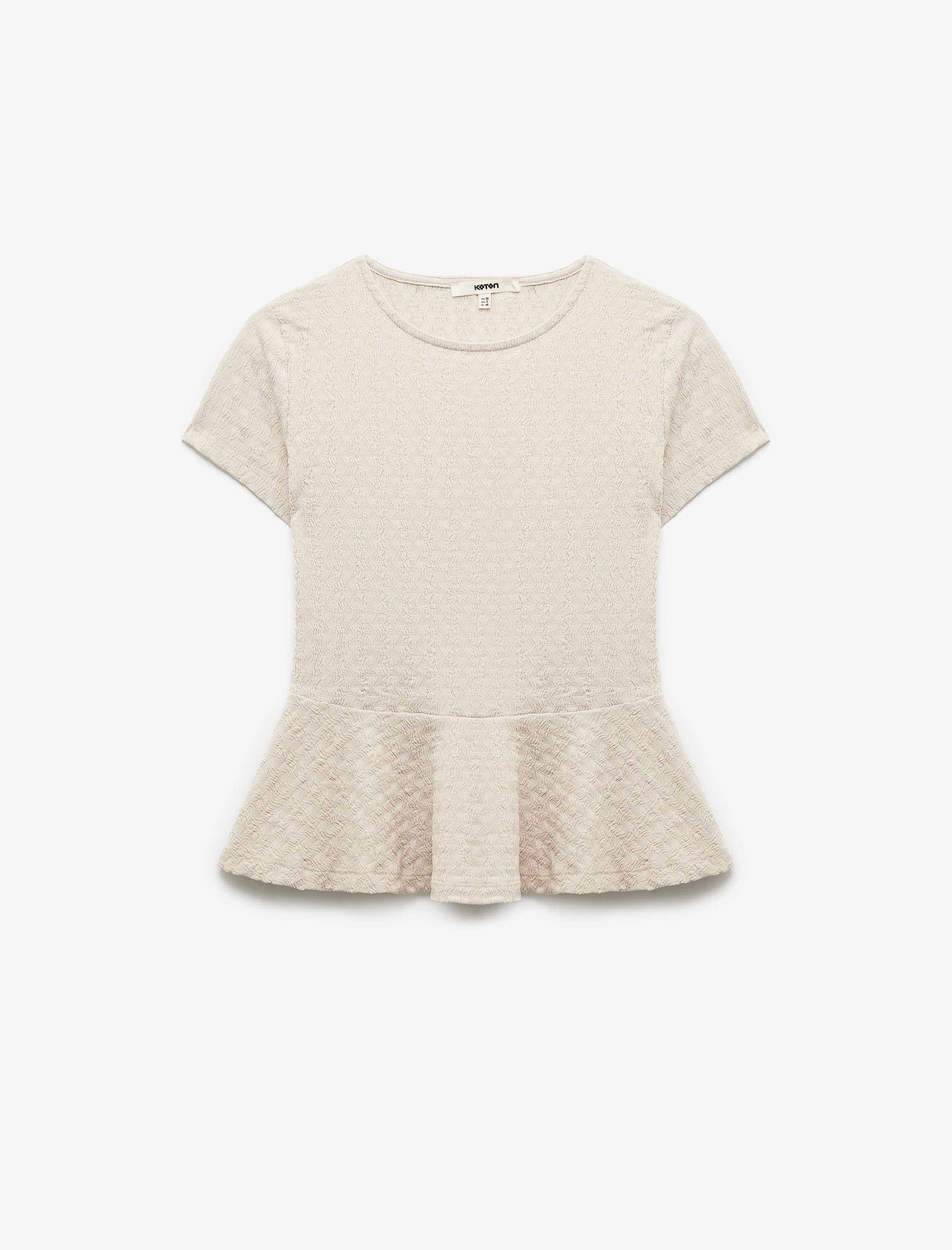   Bürümcük Kumaş Dokulu Kısa Kollu Bisiklet Yaka Peplum Tişört