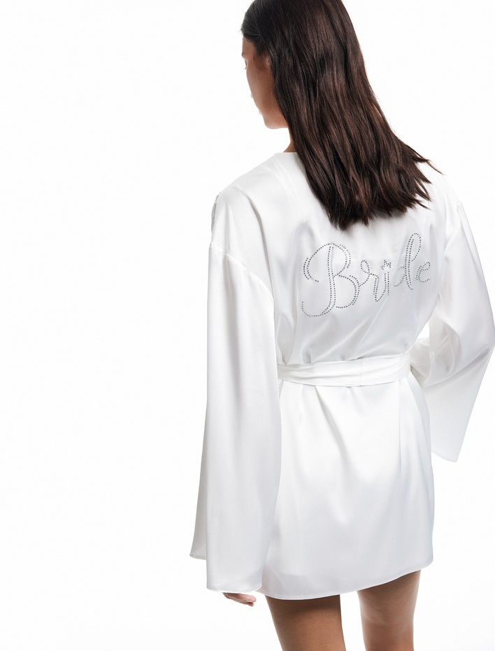  Kuşak Detaylı Kruvaze 3/4 Yarasa Kollu Bridal Saten Sabahlık