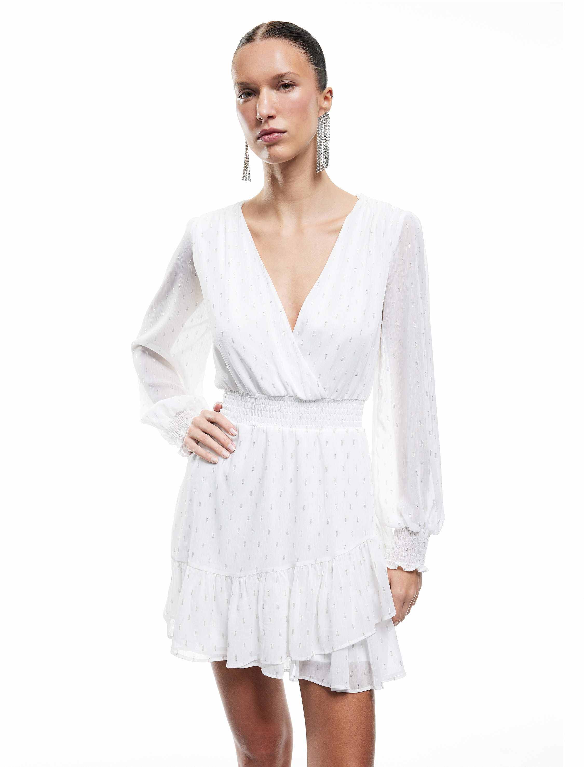   V Yaka Gipeli Uzun Kollu Simli Mini Abiye Elbise