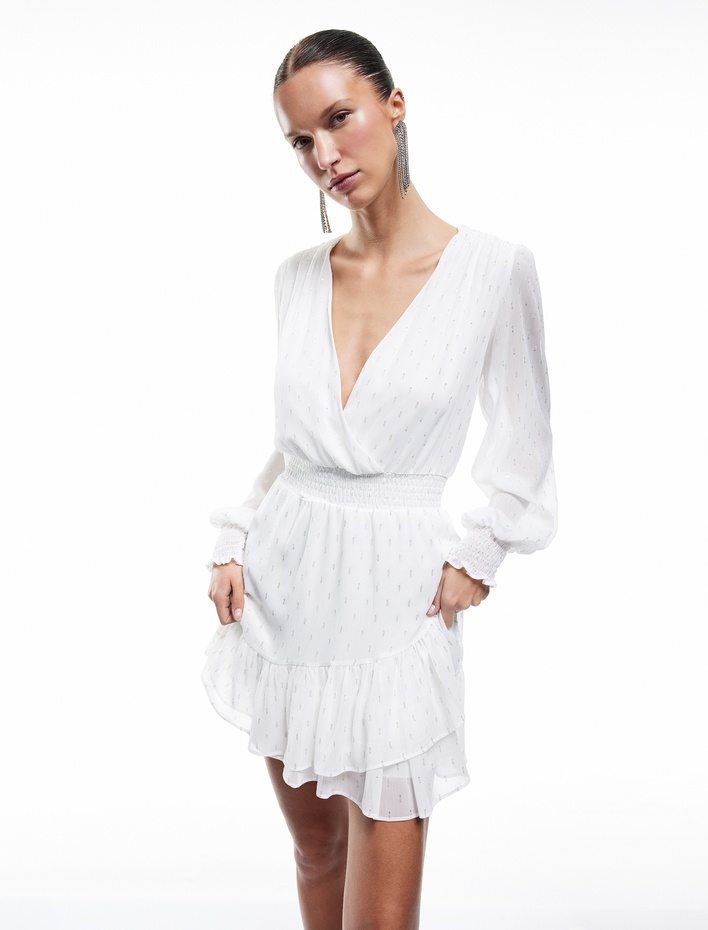  V Yaka Gipeli Uzun Kollu Simli Mini Abiye Elbise