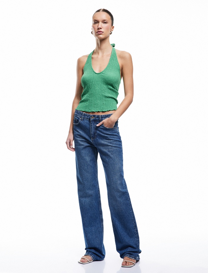  Bürümcük Kumaş Slim Fit Sırt Dekolteli Halter Yaka Üst