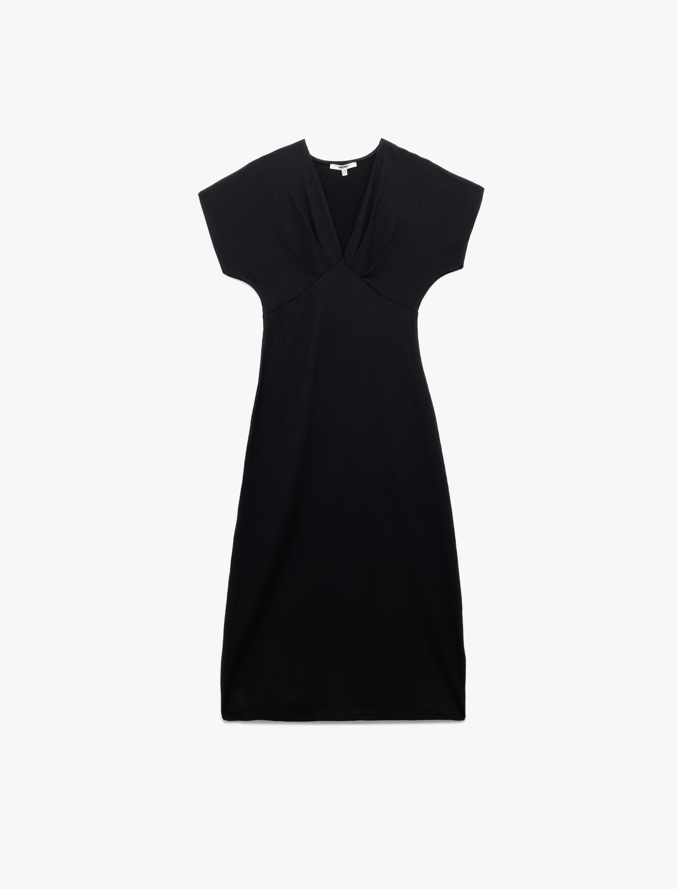 Bürümcük Kumaş Dokulu Kısa Kollu Uzun V Yaka Elbise