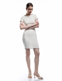 Bürümcük Kumaş Kısa Kollu Kayık Yuvarlak Yaka Slim Fit Kalem Elbise