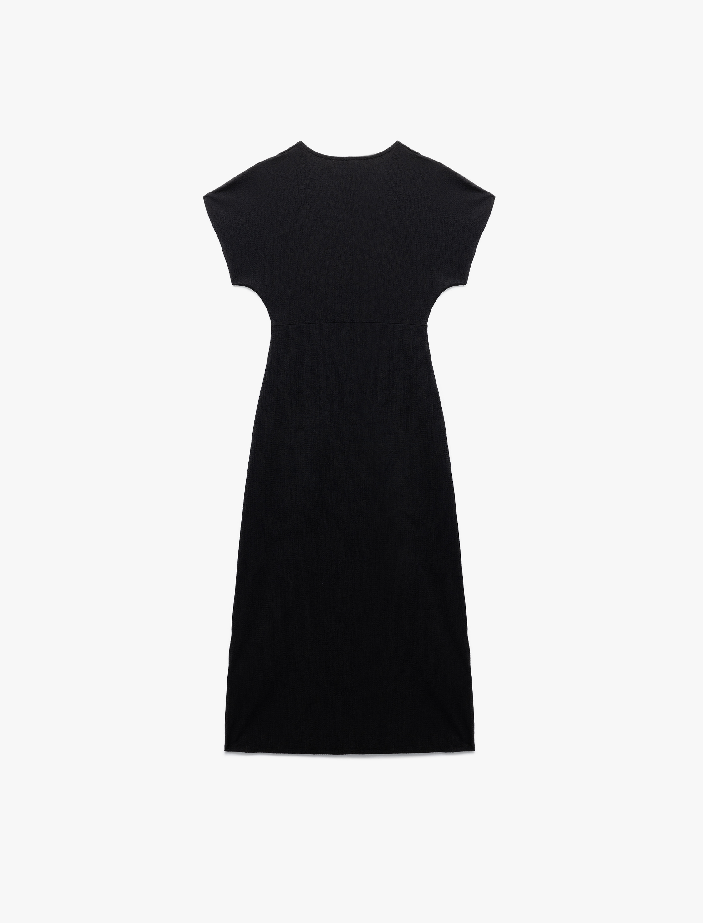 Bürümcük Kumaş Dokulu Kısa Kollu Uzun V Yaka Elbise