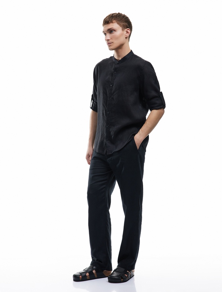  Uzun Kollu Regular Fit Hakim Yaka Keten Gömlek