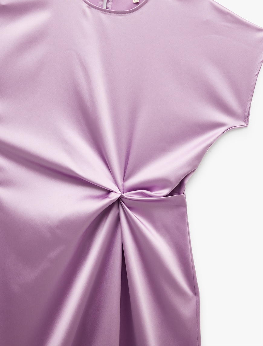   Çıkma Kol Bisiklet Yaka Drape Detaylı Midi Boy Saten Elbise
