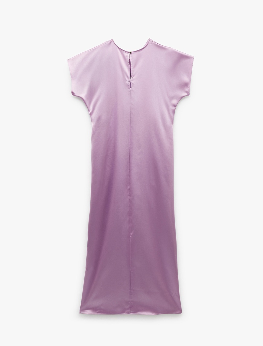   Çıkma Kol Bisiklet Yaka Drape Detaylı Midi Boy Saten Elbise