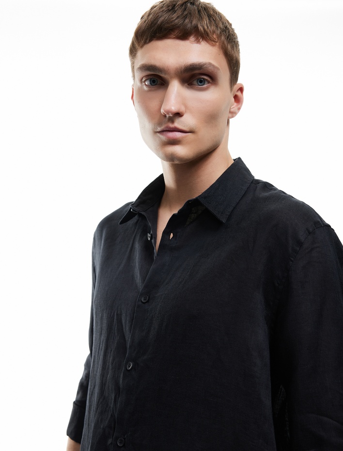  Klasik Yaka Regular Fit Uzun Kollu Keten Gömlek