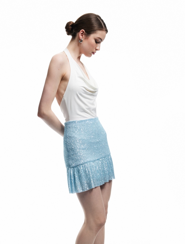  Pullu Payetli Volanlı Kloş Mini Abiye Etek