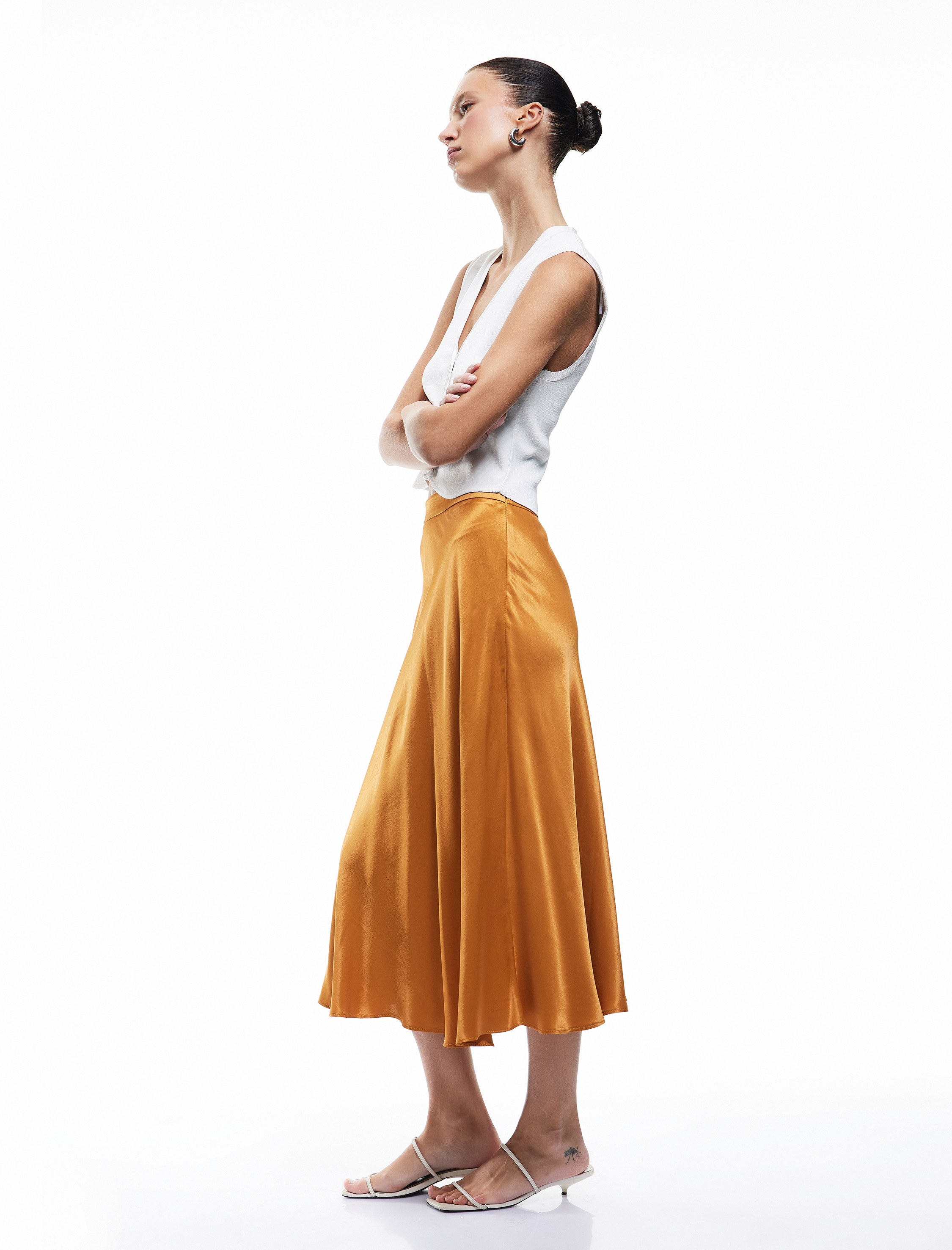 Viskon Kumaş Yüksek Bel Midi A Kesim Saten Etek