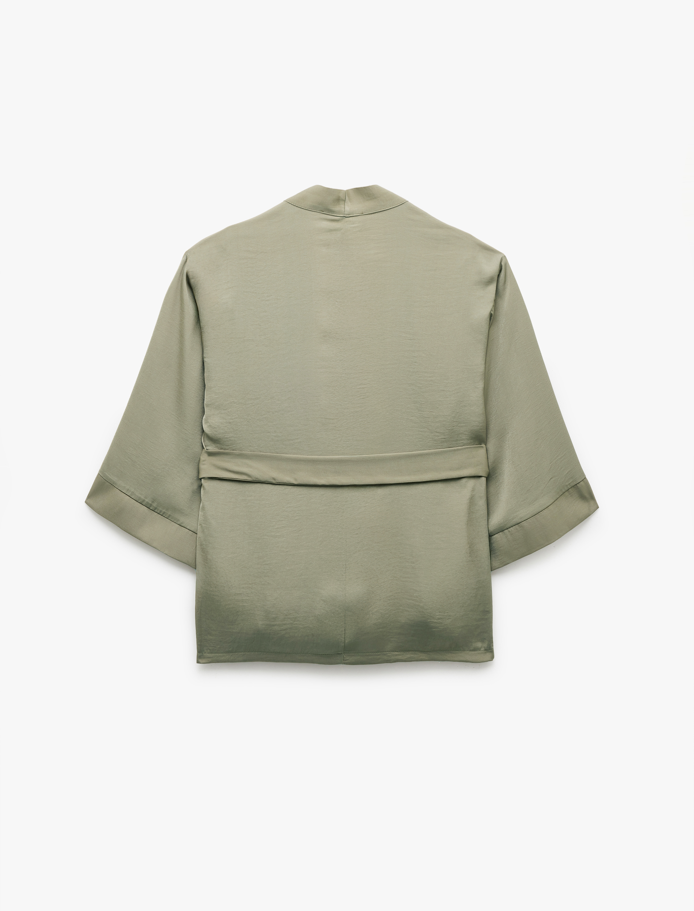   Aerobin Kumaş Kuşak Detaylı 3/4 Geniş Kollu Saten Kimono