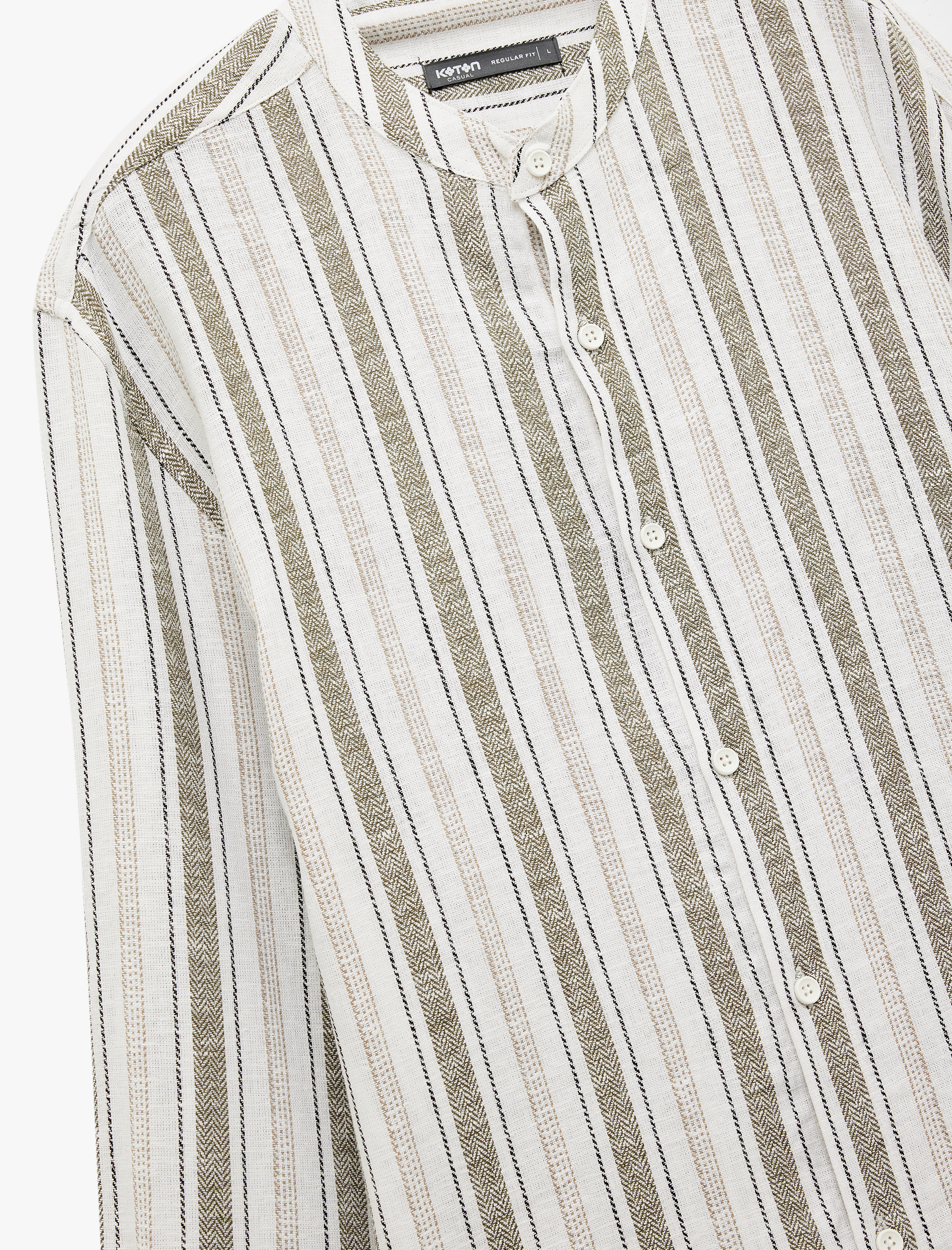   Keten Viskon Karışımlı Regular Fit Düğmeli Uzun Kollu Çizgili Hakim Yaka Gömlek