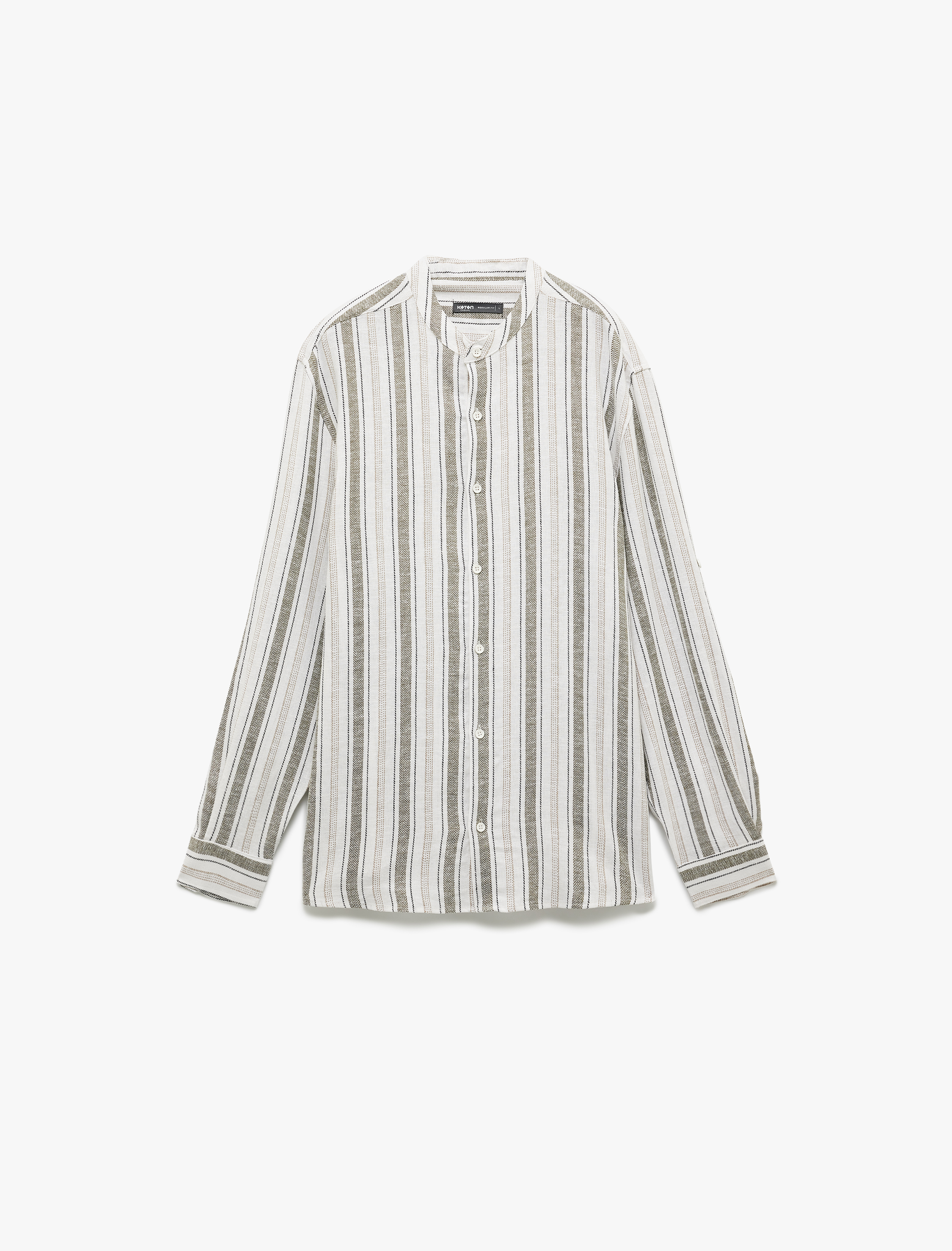   Keten Viskon Karışımlı Regular Fit Düğmeli Uzun Kollu Çizgili Hakim Yaka Gömlek