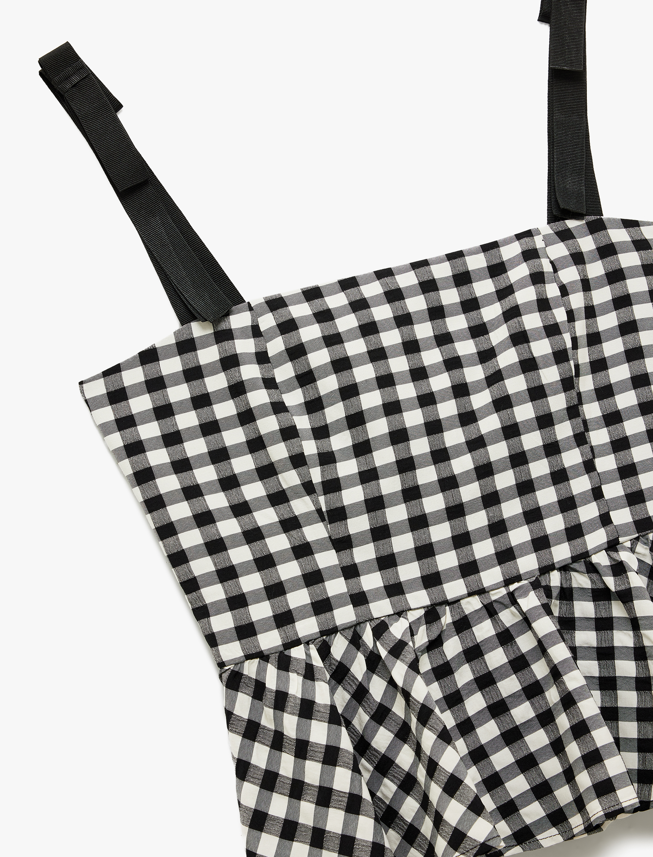   Viskon Astarlı Kare Yaka Fırfırlı Askılı Pötikareli Bluz