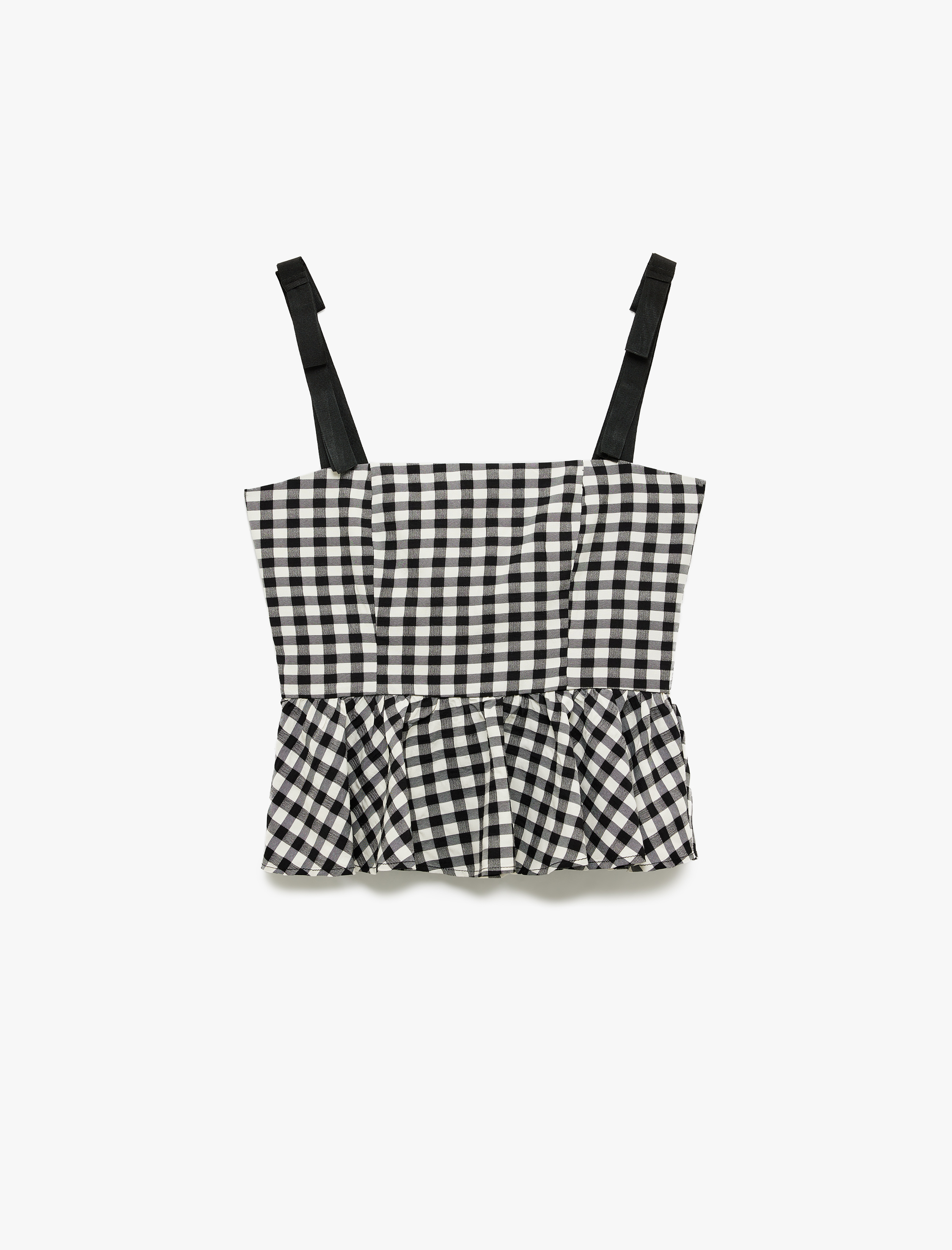   Viskon Astarlı Kare Yaka Fırfırlı Askılı Pötikareli Bluz