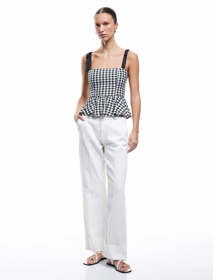  Viskon Astarlı Kare Yaka Fırfırlı Askılı Pötikareli Bluz