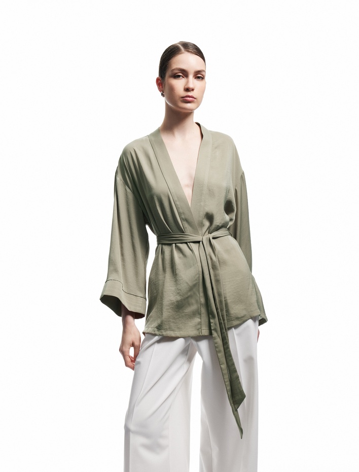  Aerobin Kumaş Kuşak Detaylı 3/4 Geniş Kollu Saten Kimono