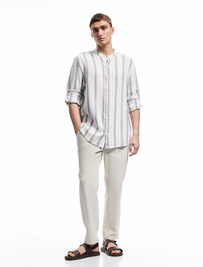  Keten Viskon Karışımlı Regular Fit Düğmeli Uzun Kollu Çizgili Hakim Yaka Gömlek