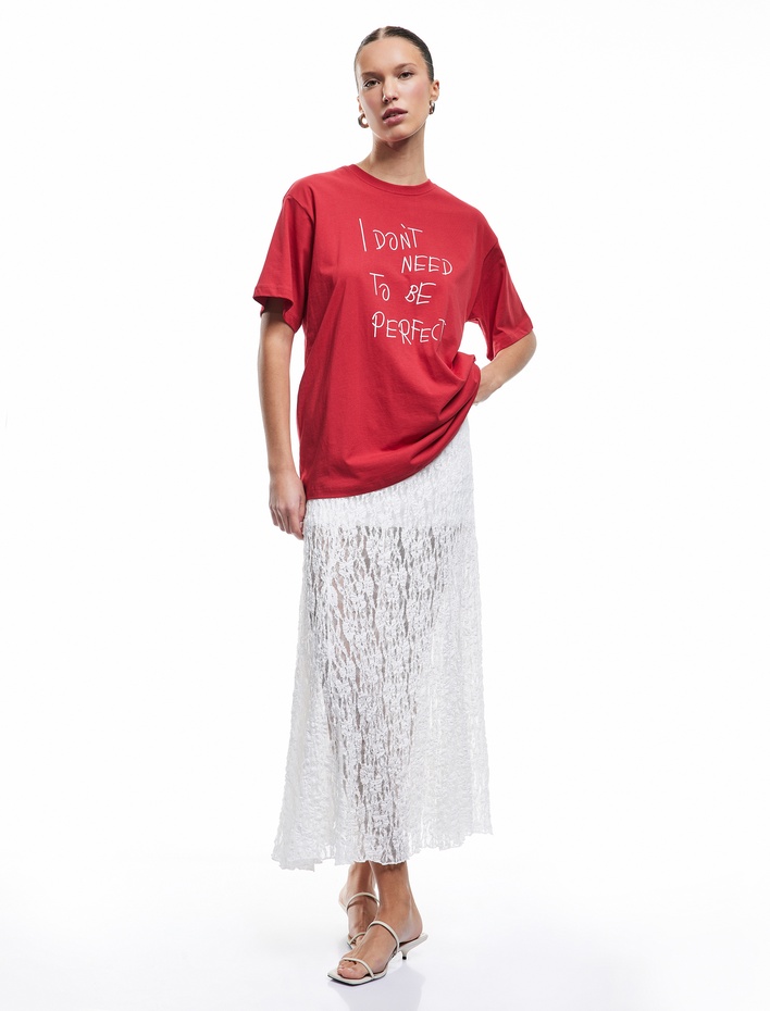  Pamuklu Rahat Kalıp Kısa Kollu Bisiklet Yaka Baskılı Tişört