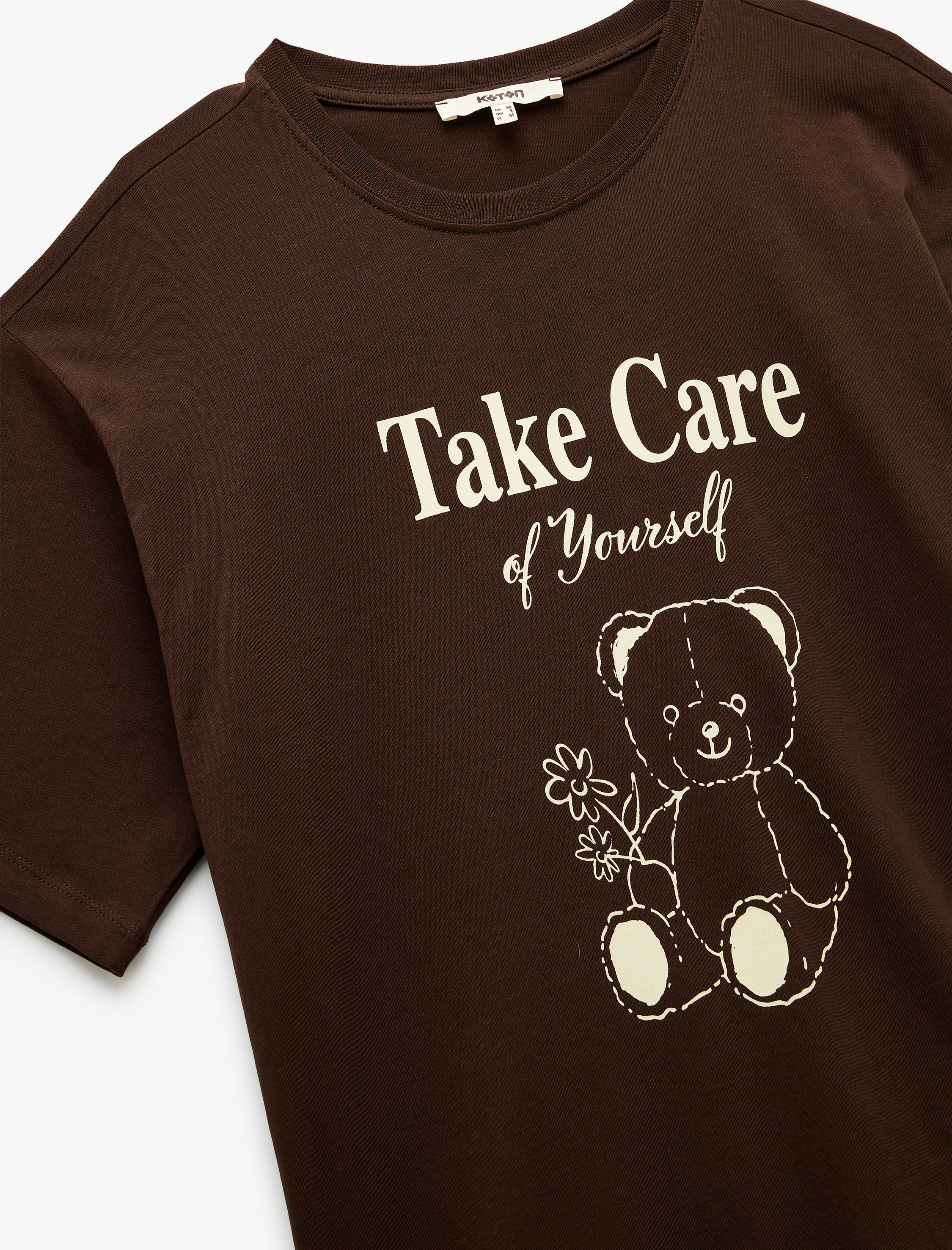   Pamuklu Kısa Kollu Bisiklet Yaka Ayıcık Baskılı Tişört