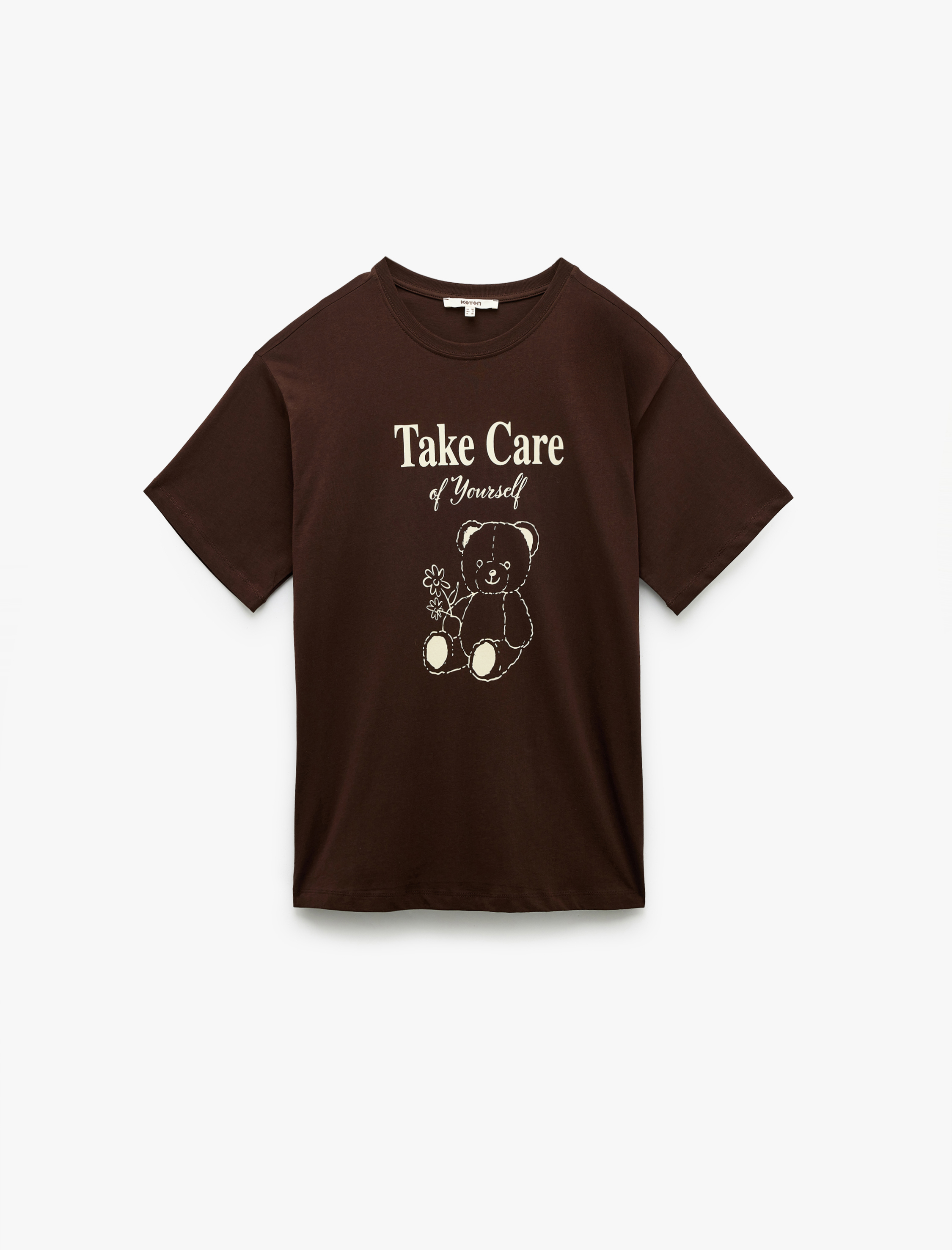   Pamuklu Kısa Kollu Bisiklet Yaka Ayıcık Baskılı Tişört